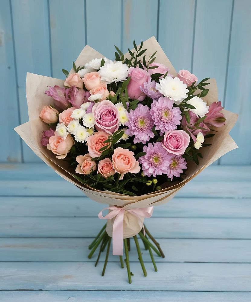 Букет цветов из: Хризантемы, Розы и Альстромерии в Старо-Щедринской
