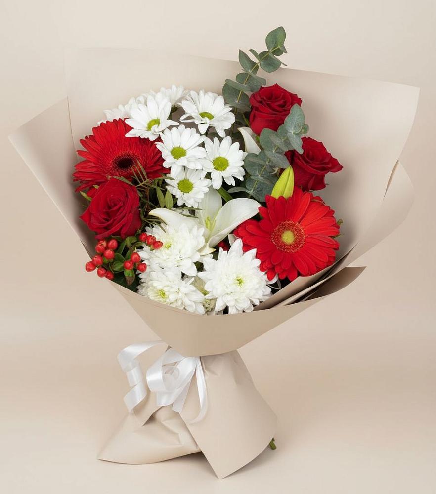 Букет цветов из: Розы, Хризантемы, Герберы и Лилии в Старо-Щедринской
