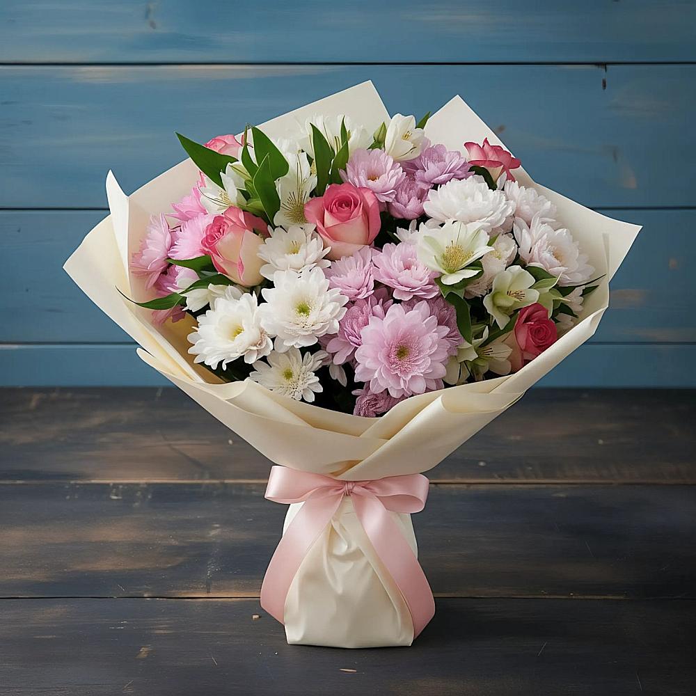 Букет цветов из: Хризантемы, Альстромерии и Розы в Старо-Щедринской